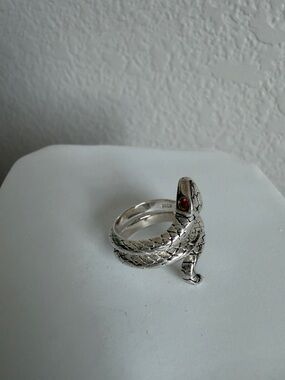 Sterling Silver 925 Snake Wrap Ring with Red Stone Accent